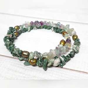 Handmade Coil Wrap Bracelet – Tree Agate, Fluorite, Amethyst - New